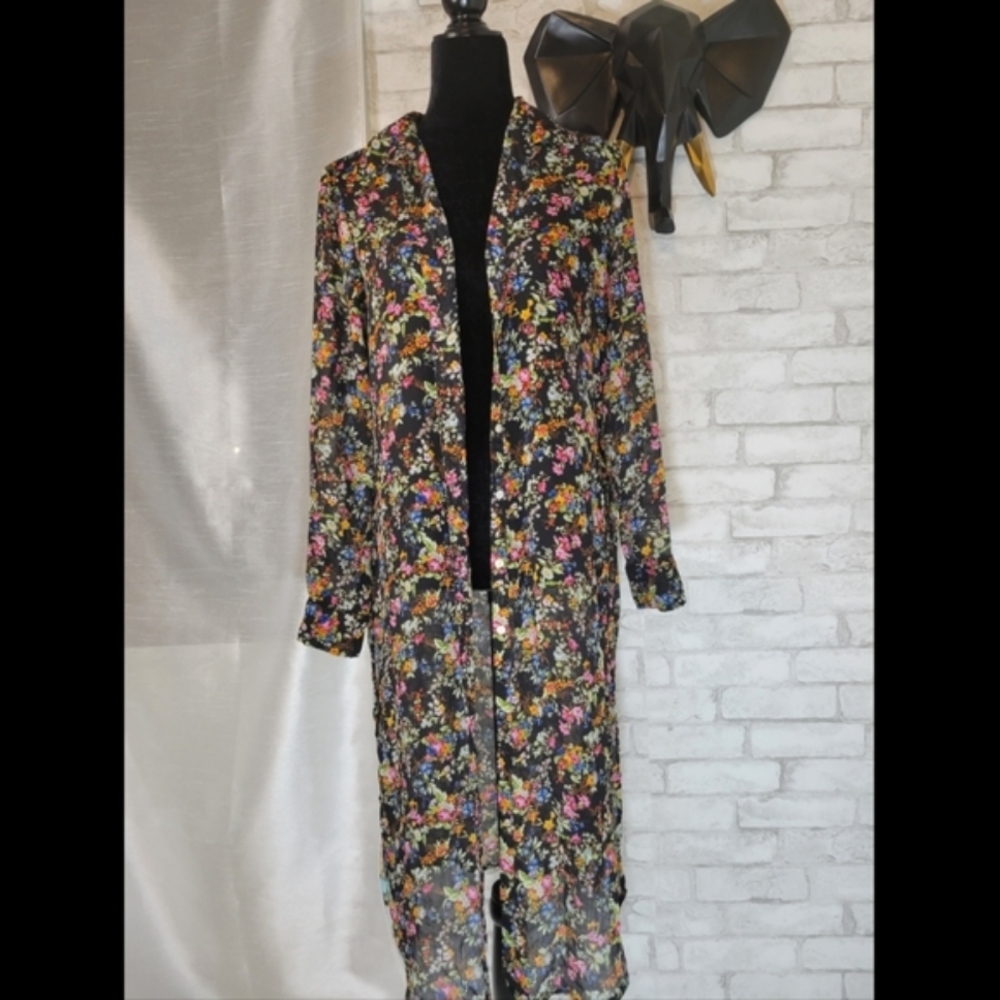 Black Sheer Floral Duster